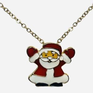 Vintage Christmas Santa Claus Red White Enamel Gold Tone Charm Chain Necklace